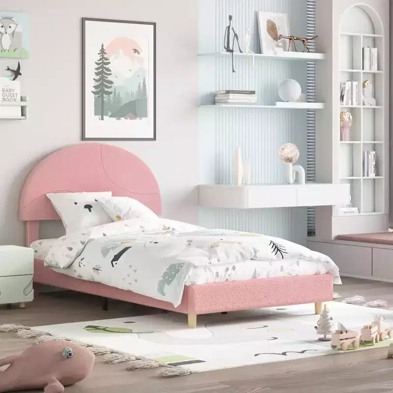 COZONY Upholstered Platform Bed Frame w/ Round Headboard, Modern Arch Design, Soft Fabric, Strong Wood Slats, No Box Spring Needed, Easy Assembly