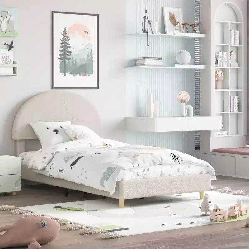 COZONY Upholstered Platform Bed Frame w/ Round Headboard, Modern Arch Design, Soft Fabric, Strong Wood Slats, No Box Spring Needed, Easy Assembly
