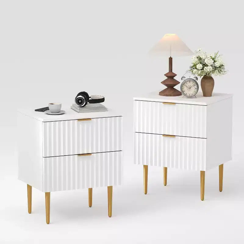 2Pcs Modern Fluted Nightstands with 2 Drawers,Wood Night Stands Accent Side Tables with Charging Station,Gold Legs,USB Ports & Outlets,Bedside Tables