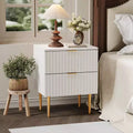 2Pcs Modern Fluted Nightstands with 2 Drawers,Wood Night Stands Accent Side Tables with Charging Station,Gold Legs,USB Ports & Outlets,Bedside Tables