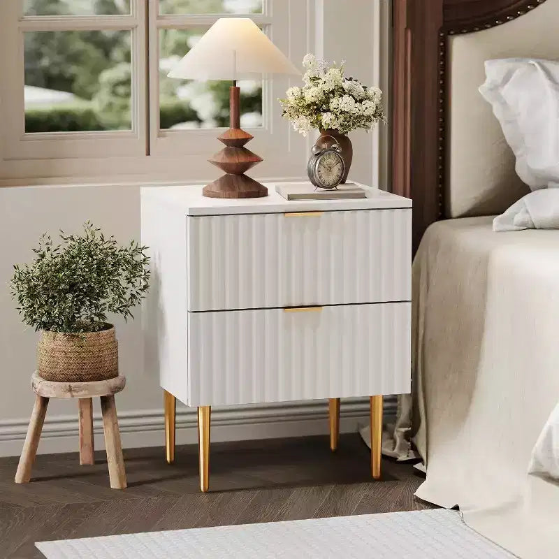 2Pcs Modern Fluted Nightstands with 2 Drawers,Wood Night Stands Accent Side Tables with Charging Station,Gold Legs,USB Ports & Outlets,Bedside Tables