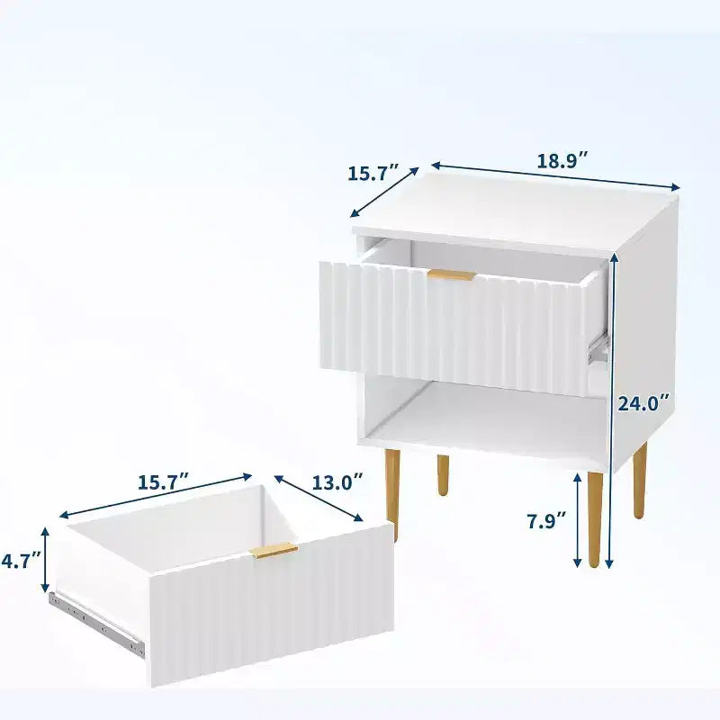 2Pcs Modern Fluted Nightstands with 2 Drawers,Wood Night Stands Accent Side Tables with Charging Station,Gold Legs,USB Ports & Outlets,Bedside Tables