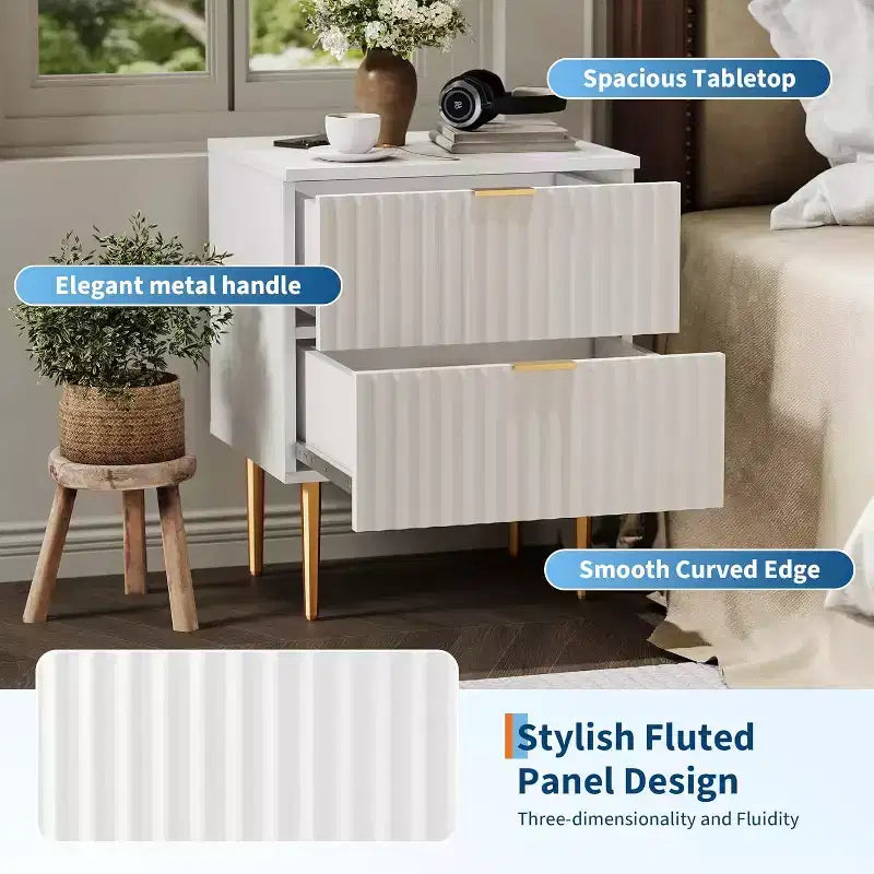 2Pcs Modern Fluted Nightstands with 2 Drawers,Wood Night Stands Accent Side Tables with Charging Station,Gold Legs,USB Ports & Outlets,Bedside Tables