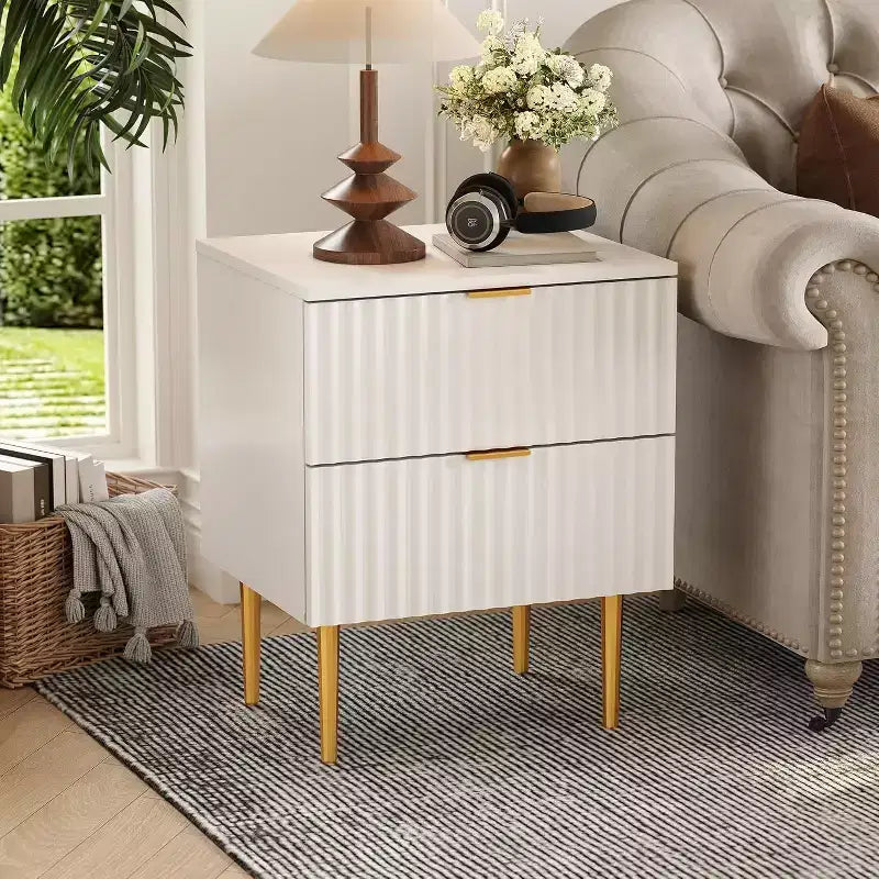 2Pcs Modern Fluted Nightstands with 2 Drawers,Wood Night Stands Accent Side Tables with Charging Station,Gold Legs,USB Ports & Outlets,Bedside Tables