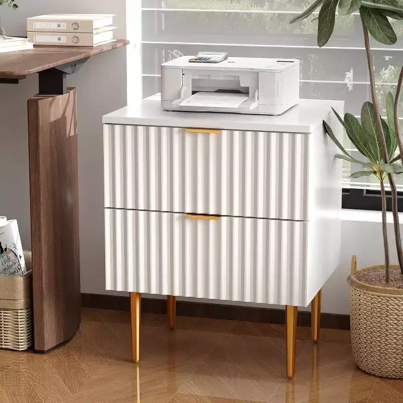 2Pcs Modern Fluted Nightstands with 2 Drawers,Wood Night Stands Accent Side Tables with Charging Station,Gold Legs,USB Ports & Outlets,Bedside Tables