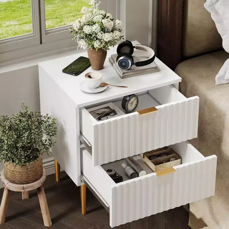 2Pcs Modern Fluted Nightstands with 2 Drawers,Wood Night Stands Accent Side Tables with Charging Station,Gold Legs,USB Ports & Outlets,Bedside Tables
