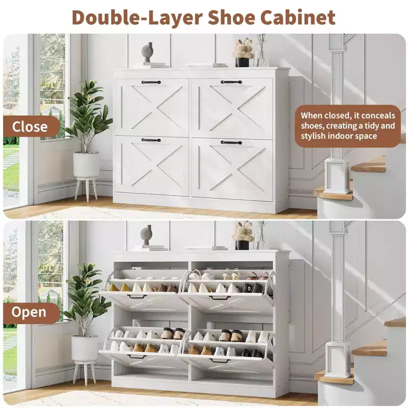 Farmhouse Shoe Cabinet with 4 Flip Drawers, 41 Narrow Entryway Shoe Storage for Hallway or Mudroom, White