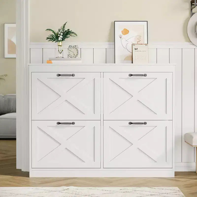 Farmhouse Shoe Cabinet with 4 Flip Drawers, 41 Narrow Entryway Shoe Storage for Hallway or Mudroom, White