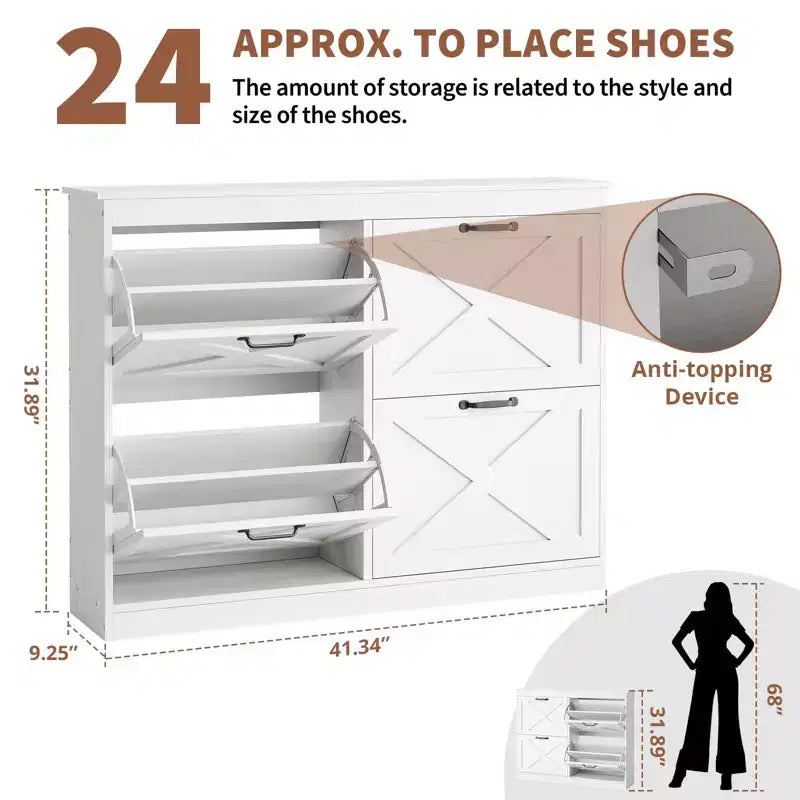 Farmhouse Shoe Cabinet with 4 Flip Drawers, 41 Narrow Entryway Shoe Storage for Hallway or Mudroom, White