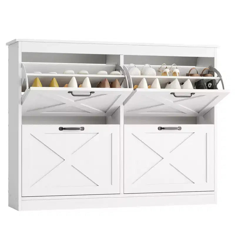 Farmhouse Shoe Cabinet with 4 Flip Drawers, 41 Narrow Entryway Shoe Storage for Hallway or Mudroom, White
