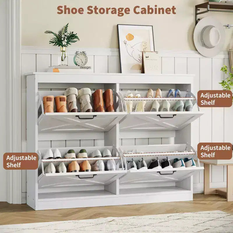 Farmhouse Shoe Cabinet with 4 Flip Drawers, 41 Narrow Entryway Shoe Storage for Hallway or Mudroom, White