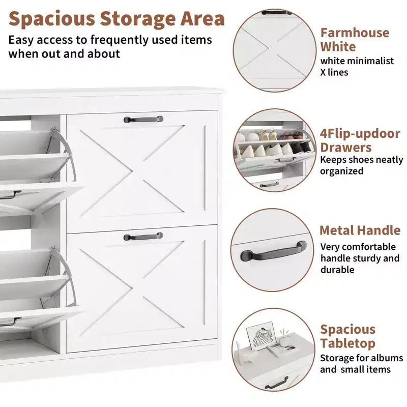 Farmhouse Shoe Cabinet with 4 Flip Drawers, 41 Narrow Entryway Shoe Storage for Hallway or Mudroom, White