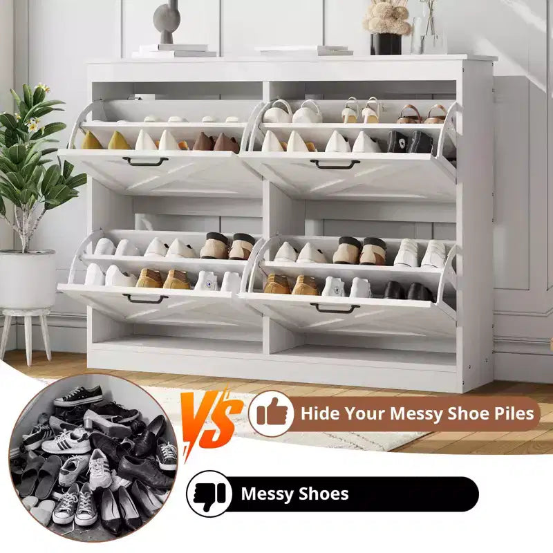 Farmhouse Shoe Cabinet with 4 Flip Drawers, 41 Narrow Entryway Shoe Storage for Hallway or Mudroom, White
