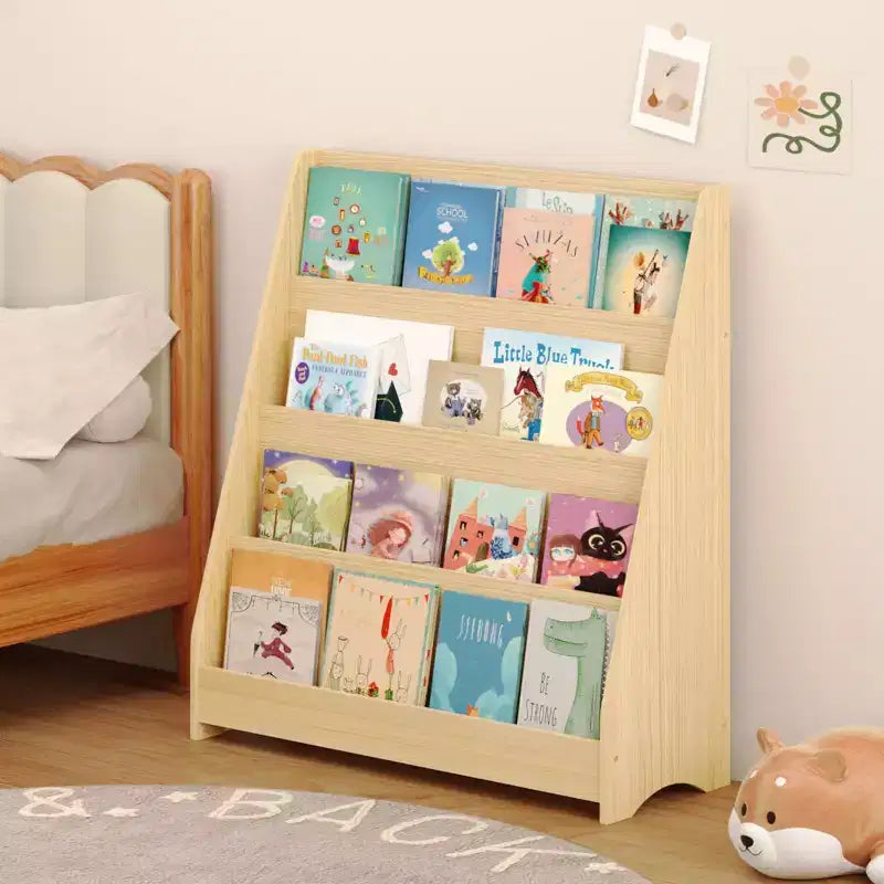 4-Tier Kids Bookshelf, Toddler Book Display Shelves, Helps Keep Bedrooms, Playrooms, and Classrooms Organized,Natural