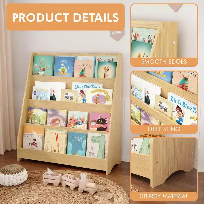 4-Tier Kids Bookshelf, Toddler Book Display Shelves, Helps Keep Bedrooms, Playrooms, and Classrooms Organized,Natural