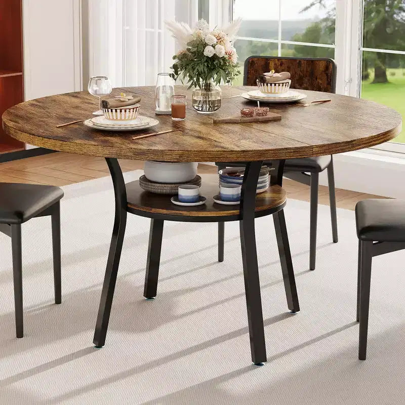 47'' Round Dining Table for 4-6 People, Farmhouse Kitchen Dining Table, Round Dinner Table with Storage Shelf for Kitchen, Living Room (Table Only)