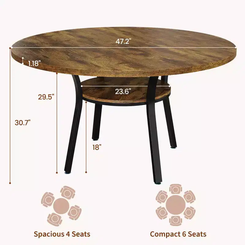 47'' Round Dining Table for 4-6 People, Farmhouse Kitchen Dining Table, Round Dinner Table with Storage Shelf for Kitchen, Living Room (Table Only)
