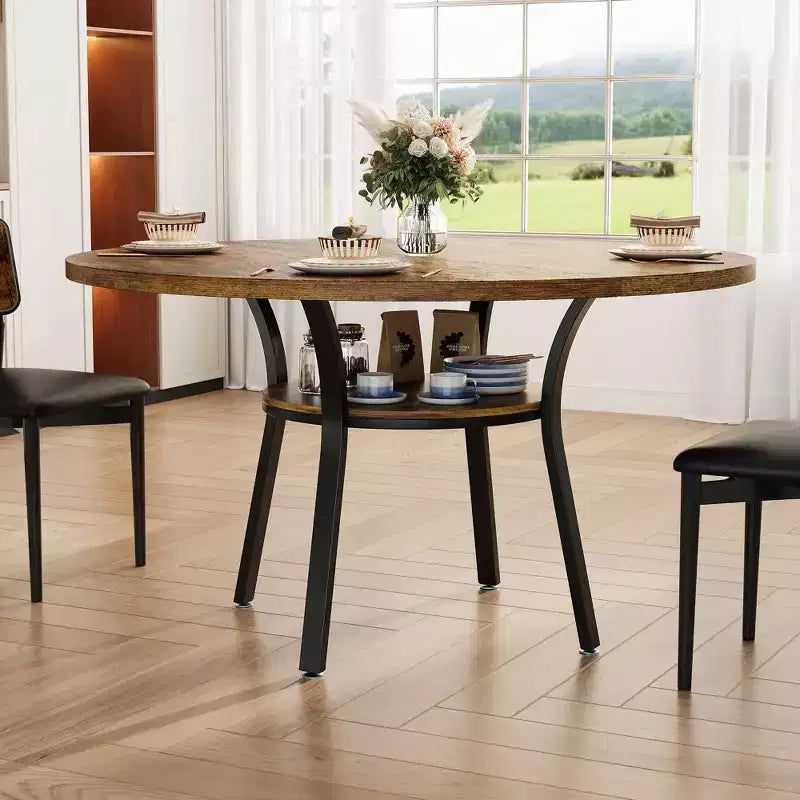 47'' Round Dining Table for 4-6 People, Farmhouse Kitchen Dining Table, Round Dinner Table with Storage Shelf for Kitchen, Living Room (Table Only)