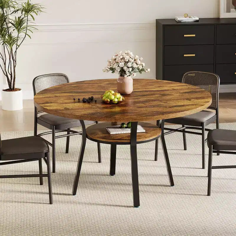 47'' Round Dining Table for 4-6 People, Farmhouse Kitchen Dining Table, Round Dinner Table with Storage Shelf for Kitchen, Living Room (Table Only)