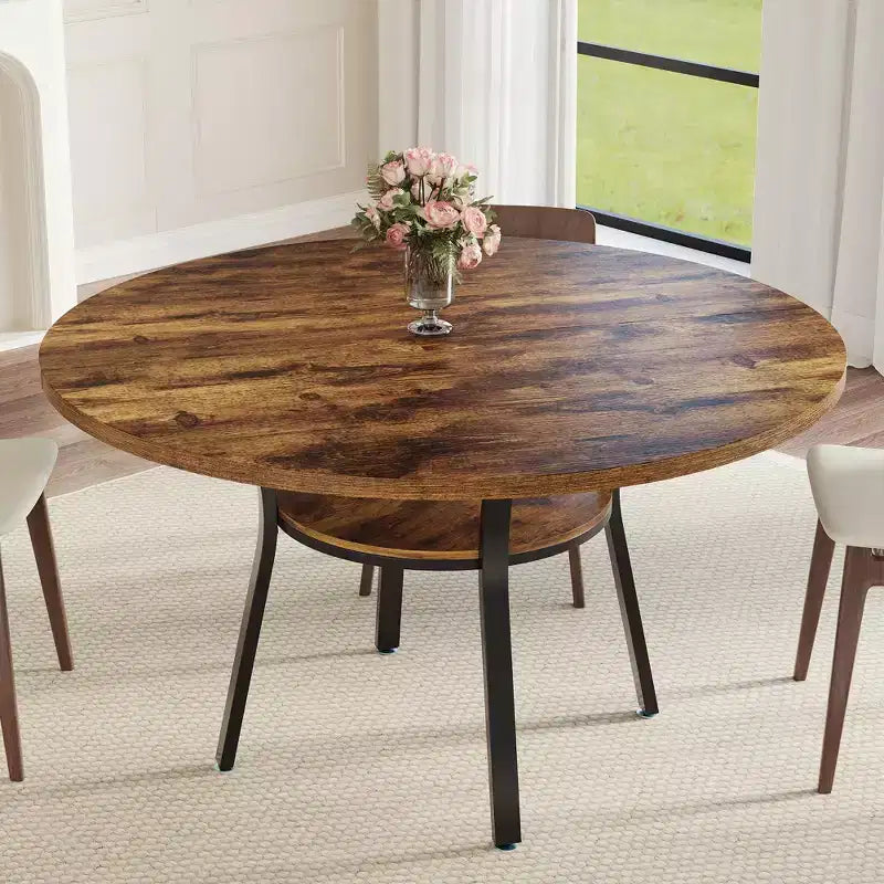 47'' Round Dining Table for 4-6 People, Farmhouse Kitchen Dining Table, Round Dinner Table with Storage Shelf for Kitchen, Living Room (Table Only)