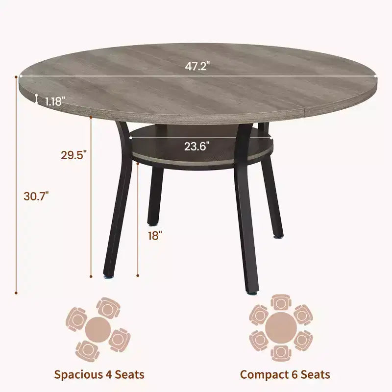47'' Round Dining Table for 4-6 People, Farmhouse Kitchen Dining Table, Round Dinner Table with Storage Shelf for Kitchen, Living Room (Table Only)