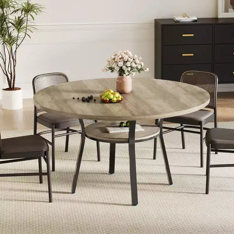 47'' Round Dining Table for 4-6 People, Farmhouse Kitchen Dining Table, Round Dinner Table with Storage Shelf for Kitchen, Living Room (Table Only)