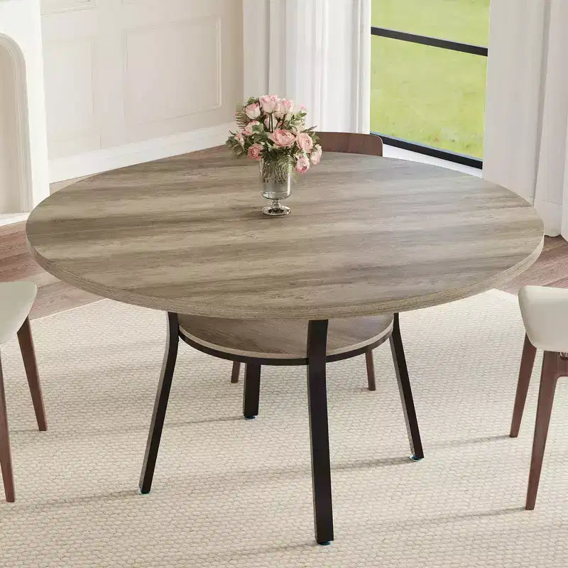 47'' Round Dining Table for 4-6 People, Farmhouse Kitchen Dining Table, Round Dinner Table with Storage Shelf for Kitchen, Living Room (Table Only)