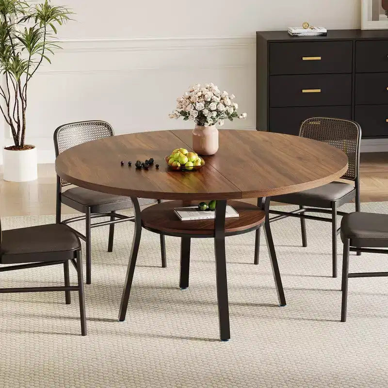 47'' Round Dining Table for 4-6 People, Farmhouse Kitchen Dining Table, Round Dinner Table with Storage Shelf for Kitchen, Living Room (Table Only)