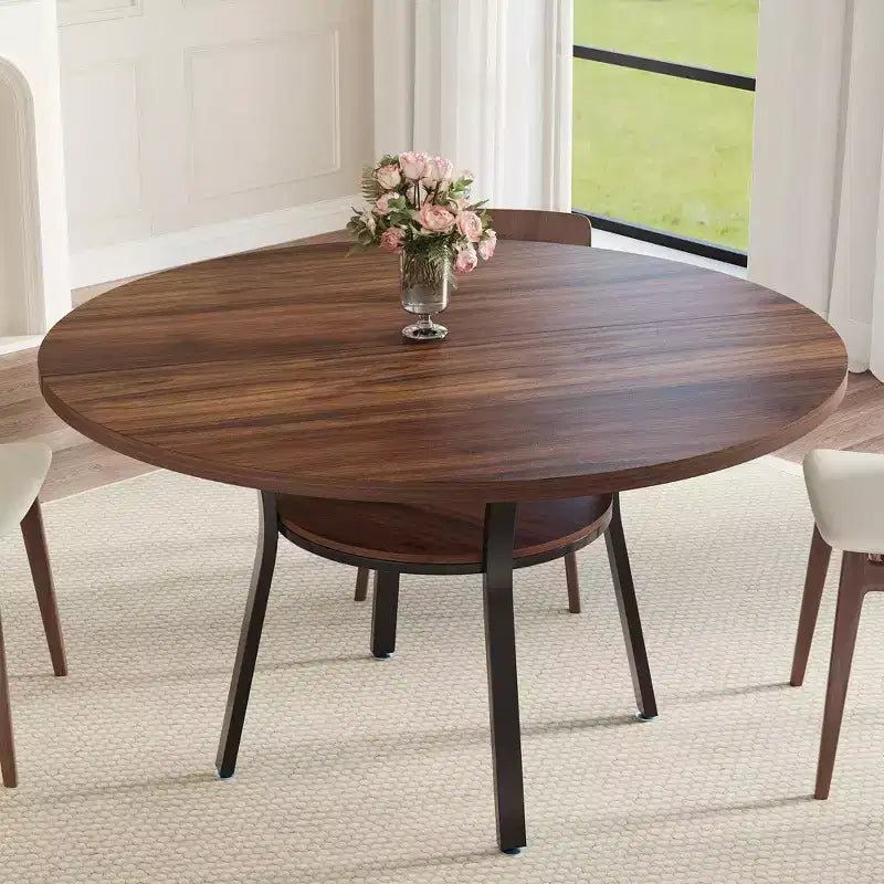 47'' Round Dining Table for 4-6 People, Farmhouse Kitchen Dining Table, Round Dinner Table with Storage Shelf for Kitchen, Living Room (Table Only)