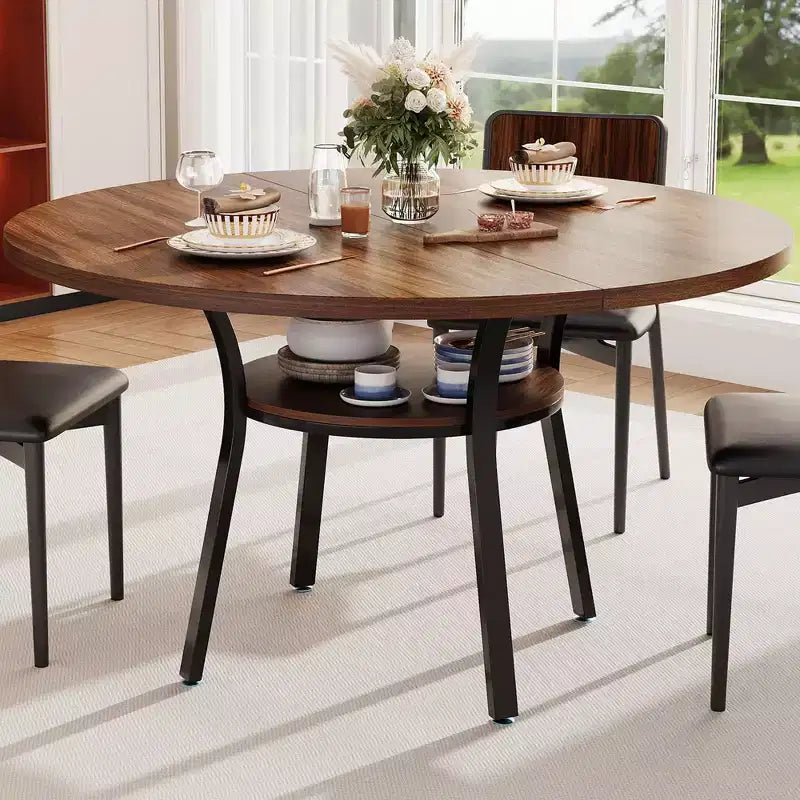 47'' Round Dining Table for 4-6 People, Farmhouse Kitchen Dining Table, Round Dinner Table with Storage Shelf for Kitchen, Living Room (Table Only)