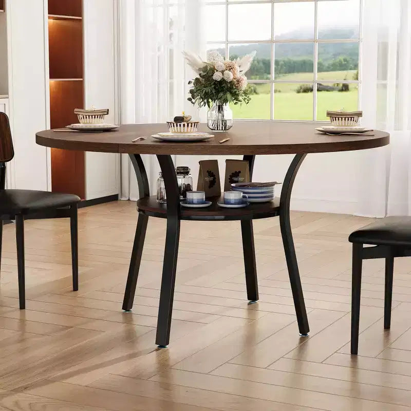 47'' Round Dining Table for 4-6 People, Farmhouse Kitchen Dining Table, Round Dinner Table with Storage Shelf for Kitchen, Living Room (Table Only)