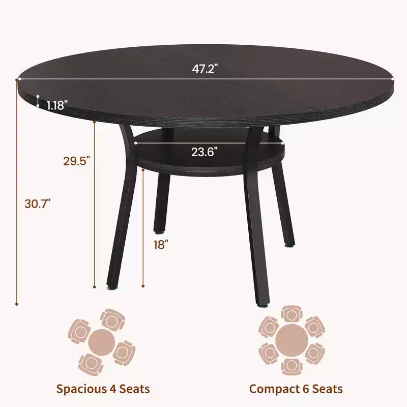 47'' Round Dining Table for 4-6 People, Farmhouse Kitchen Dining Table, Round Dinner Table with Storage Shelf for Kitchen, Living Room (Table Only)