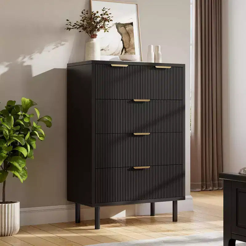 Acekool Black Fluted 5 Drawer Dresser, Modern Wide Chest with Matte Texture, Metal Legs & Anti-Tip for Bedroom, Entryway, or Hallway