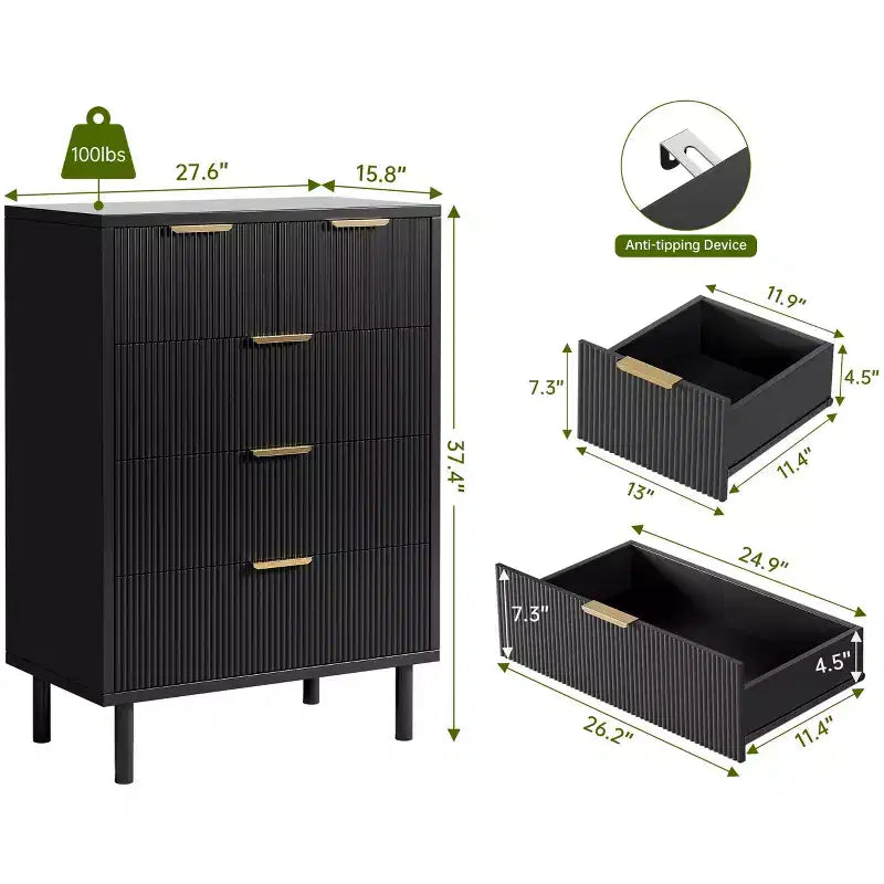 Acekool Black Fluted 5 Drawer Dresser, Modern Wide Chest with Matte Texture, Metal Legs & Anti-Tip for Bedroom, Entryway, or Hallway
