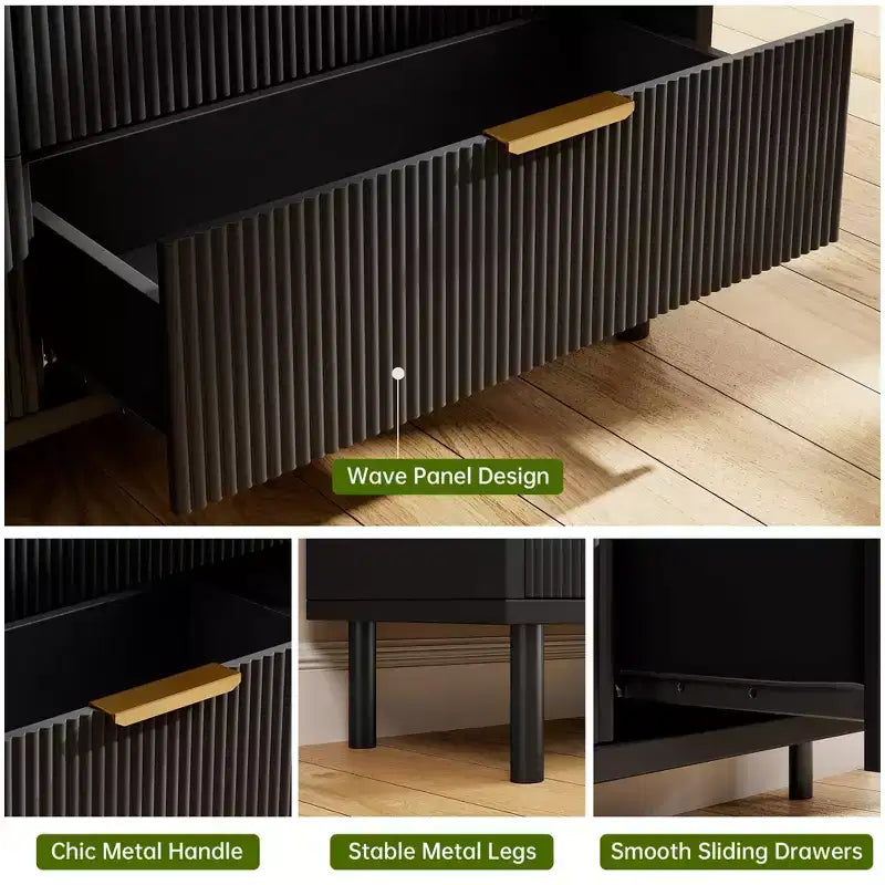 Acekool Black Fluted 5 Drawer Dresser, Modern Wide Chest with Matte Texture, Metal Legs & Anti-Tip for Bedroom, Entryway, or Hallway