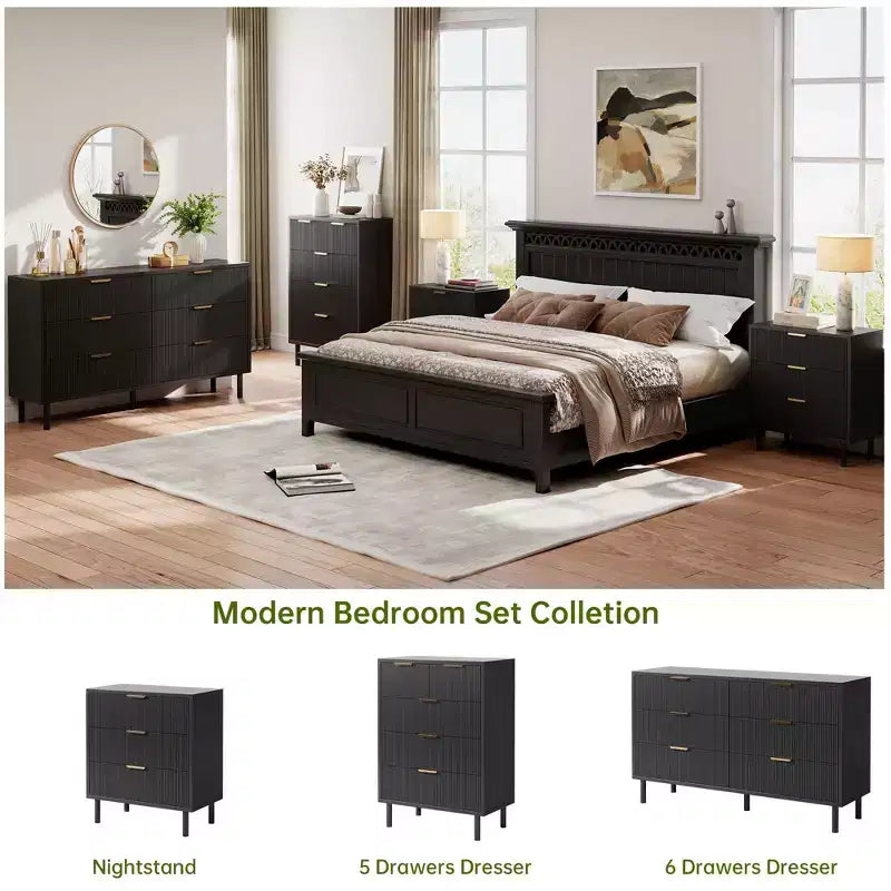 Acekool Black Fluted 5 Drawer Dresser, Modern Wide Chest with Matte Texture, Metal Legs & Anti-Tip for Bedroom, Entryway, or Hallway