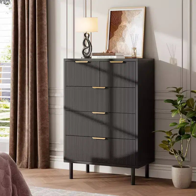 Acekool Black Fluted 5 Drawer Dresser, Modern Wide Chest with Matte Texture, Metal Legs & Anti-Tip for Bedroom, Entryway, or Hallway