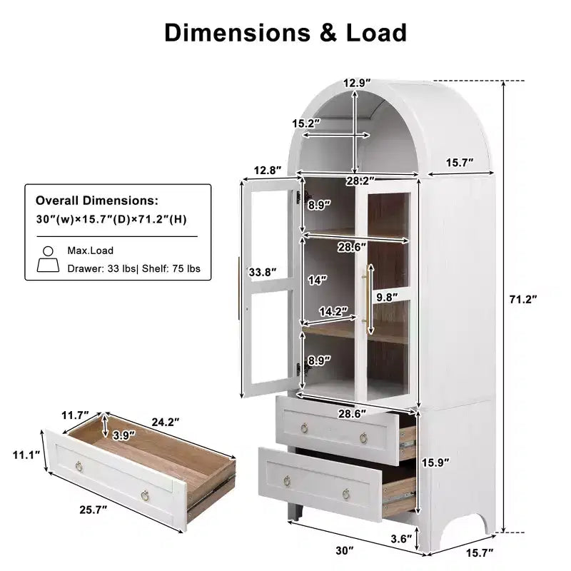 GDFStudio Dale 71 Modern Arched Kitchen Storage Cabinets with Drawes, Adjustable Shelves and Glass Door