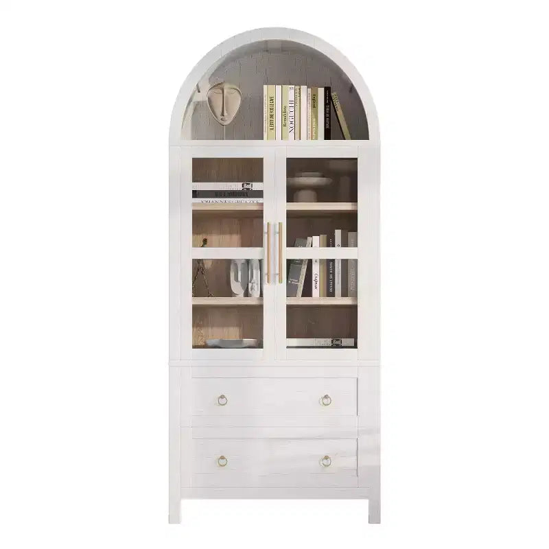 GDFStudio Dale 71 Modern Arched Kitchen Storage Cabinets with Drawes, Adjustable Shelves and Glass Door