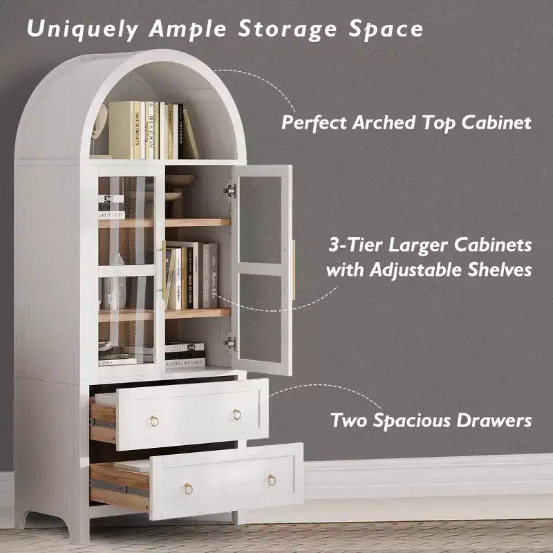 GDFStudio Dale 71 Modern Arched Kitchen Storage Cabinets with Drawes, Adjustable Shelves and Glass Door