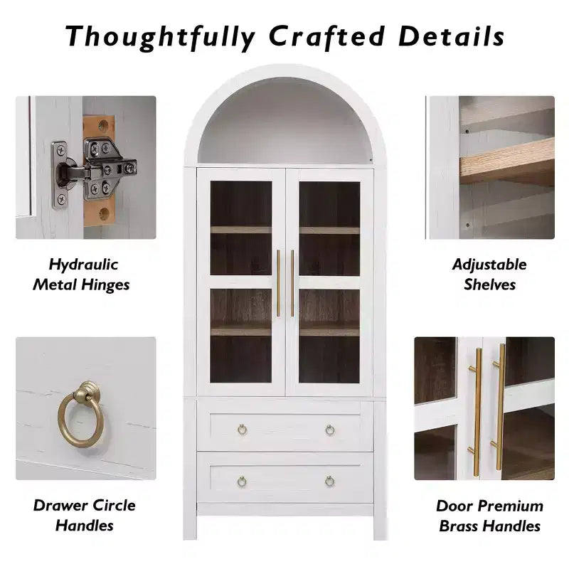 GDFStudio Dale 71 Modern Arched Kitchen Storage Cabinets with Drawes, Adjustable Shelves and Glass Door