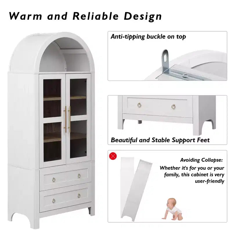 GDFStudio Dale 71 Modern Arched Kitchen Storage Cabinets with Drawes, Adjustable Shelves and Glass Door