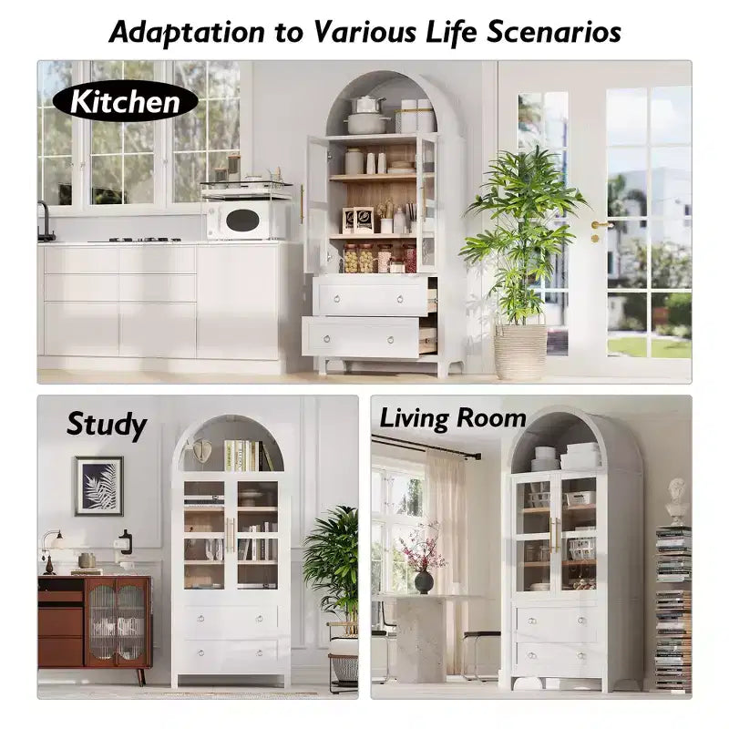 GDFStudio Dale 71 Modern Arched Kitchen Storage Cabinets with Drawes, Adjustable Shelves and Glass Door