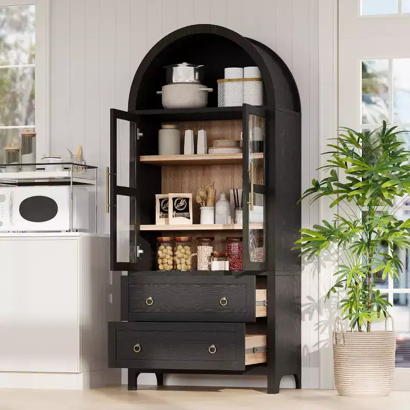 GDFStudio Dale 71 Modern Arched Kitchen Storage Cabinets with Drawes, Adjustable Shelves and Glass Door