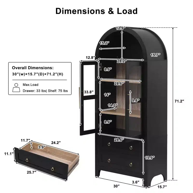 GDFStudio Dale 71 Modern Arched Kitchen Storage Cabinets with Drawes, Adjustable Shelves and Glass Door