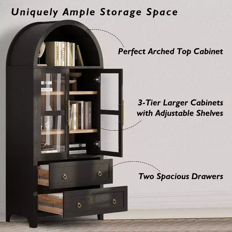 GDFStudio Dale 71 Modern Arched Kitchen Storage Cabinets with Drawes, Adjustable Shelves and Glass Door