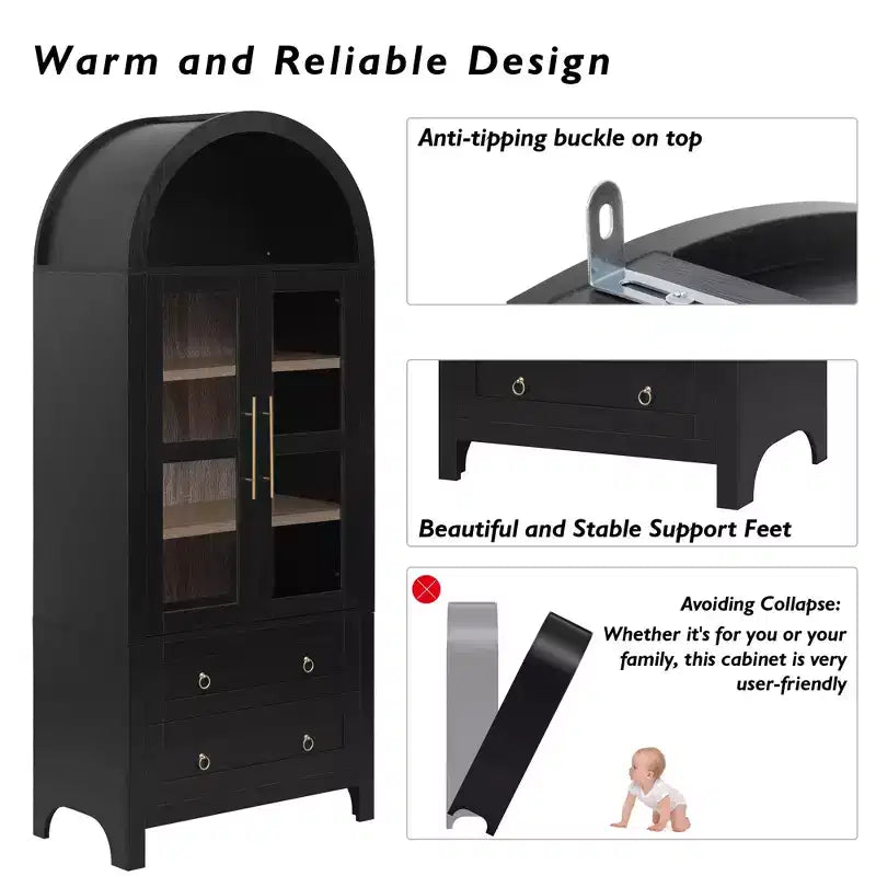 GDFStudio Dale 71 Modern Arched Kitchen Storage Cabinets with Drawes, Adjustable Shelves and Glass Door