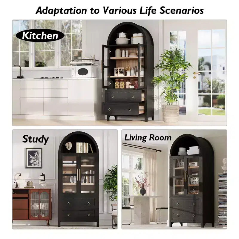GDFStudio Dale 71 Modern Arched Kitchen Storage Cabinets with Drawes, Adjustable Shelves and Glass Door