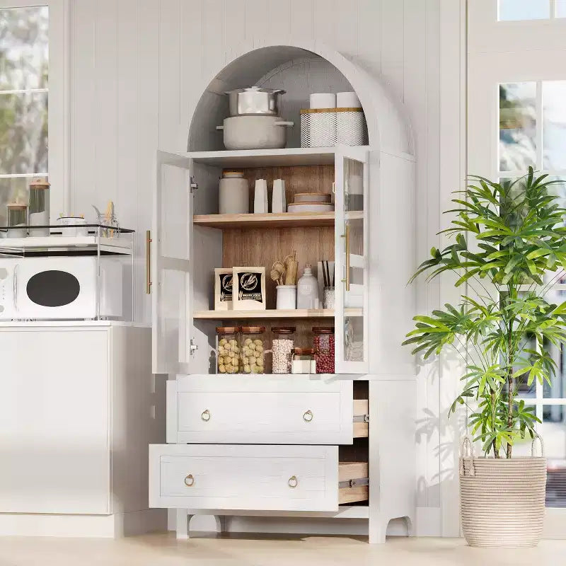 GDFStudio Dale 71 Modern Arched Kitchen Storage Cabinets with Drawes, Adjustable Shelves and Glass Door
