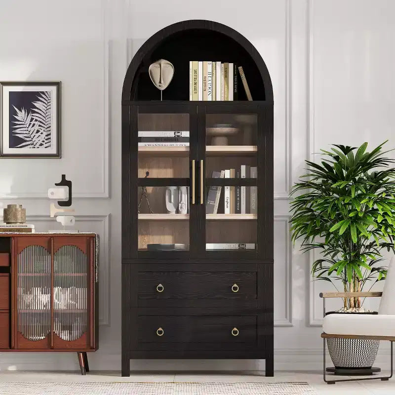 GDFStudio Dale 71 Modern Arched Kitchen Storage Cabinets with Drawes, Adjustable Shelves and Glass Door